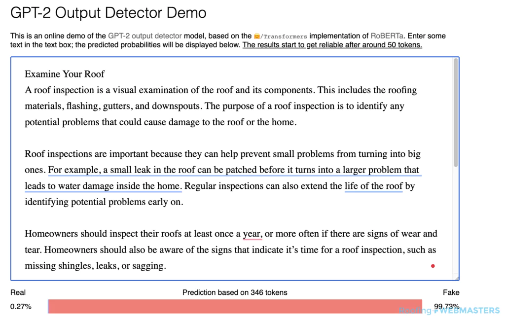Screenshot of AI Content Detection Tool