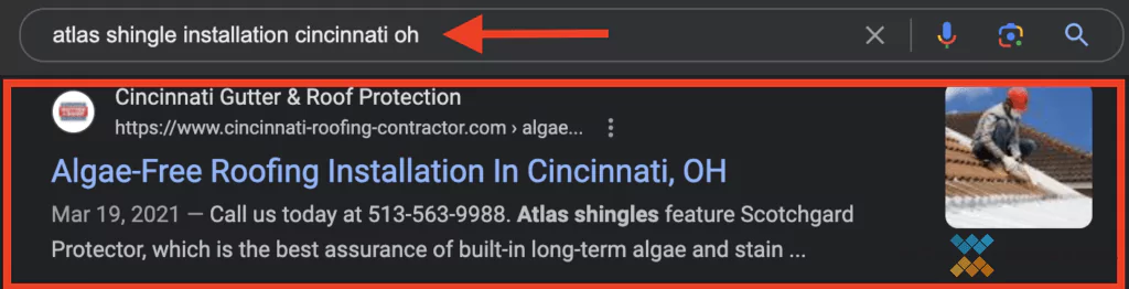 Screenshot of Atlas Shingle Brand Ranking on Google