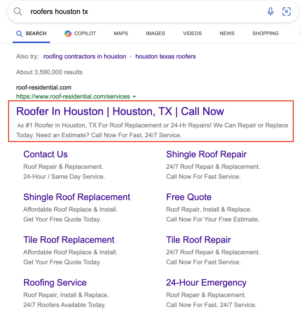 Screenshot of Bing Ad for Houston Roofing Contractor