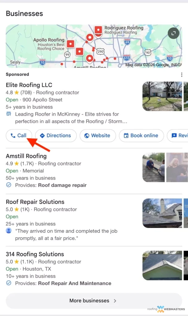 Call Button Google Ads Screenshot of Sponsored Google Ads Listing Showing Call Button in Local Pack