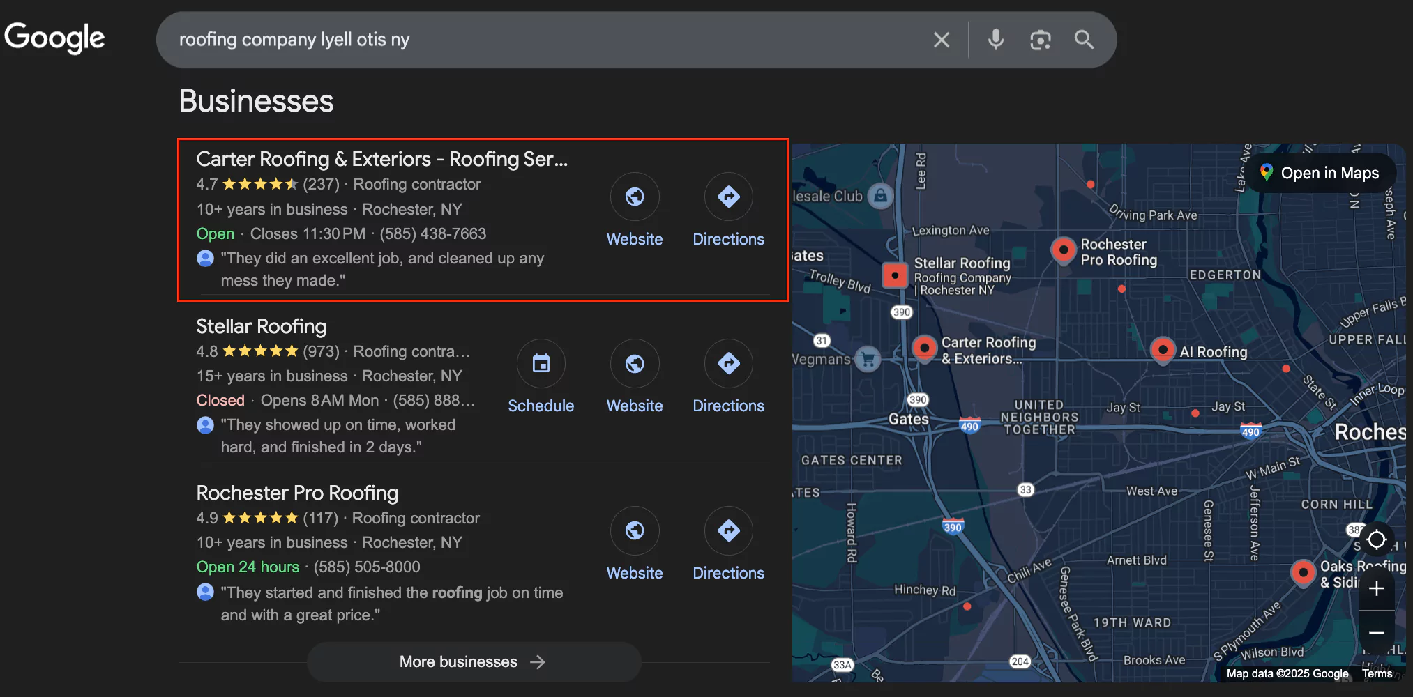 Screenshot of Carter Map 3-Pack Ranking on Google