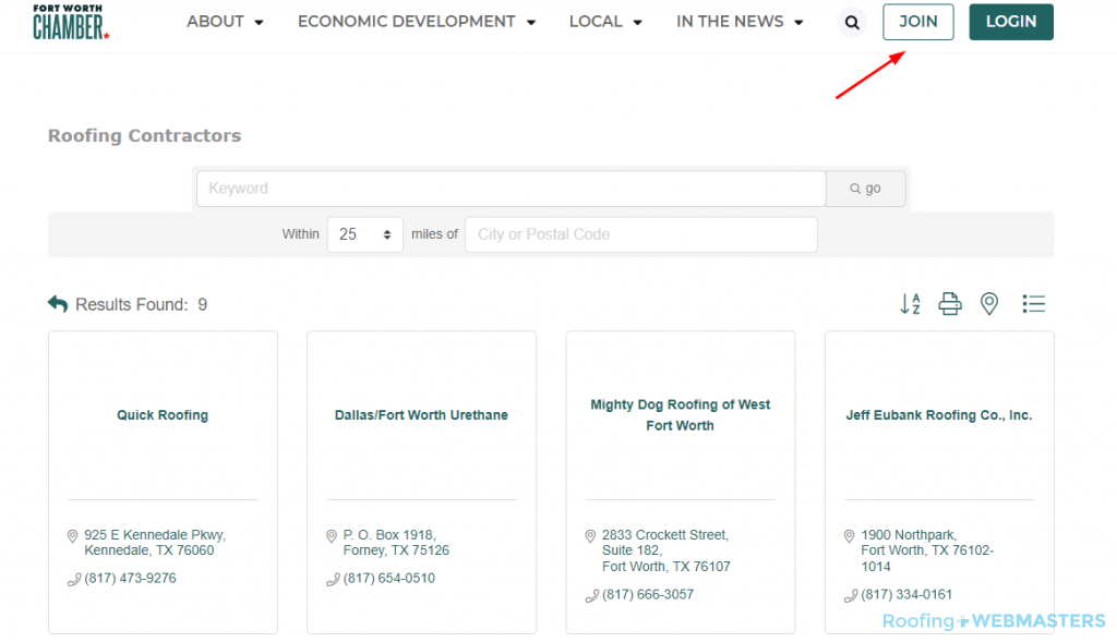 Screenshot of Fort Worth Chamber of Commerce Roofing Contractor Directory