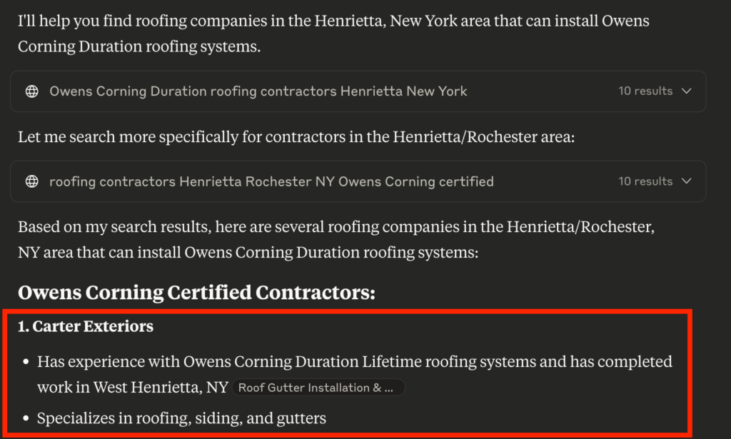 Example of local roofer showing up in Anthropic Claude AI answer