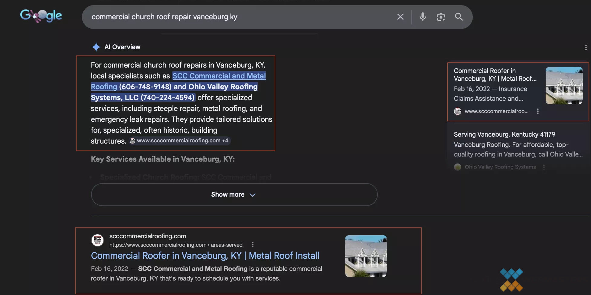 SCC Commercial Roofing ranking #1 organic and cited in Google AI Overview for commercial church roof repair Vanceburg KY