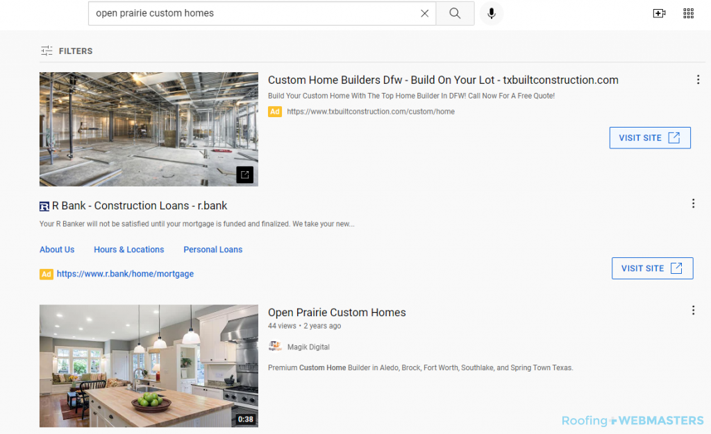 Screenshot of YouTube Search for Custom Homes