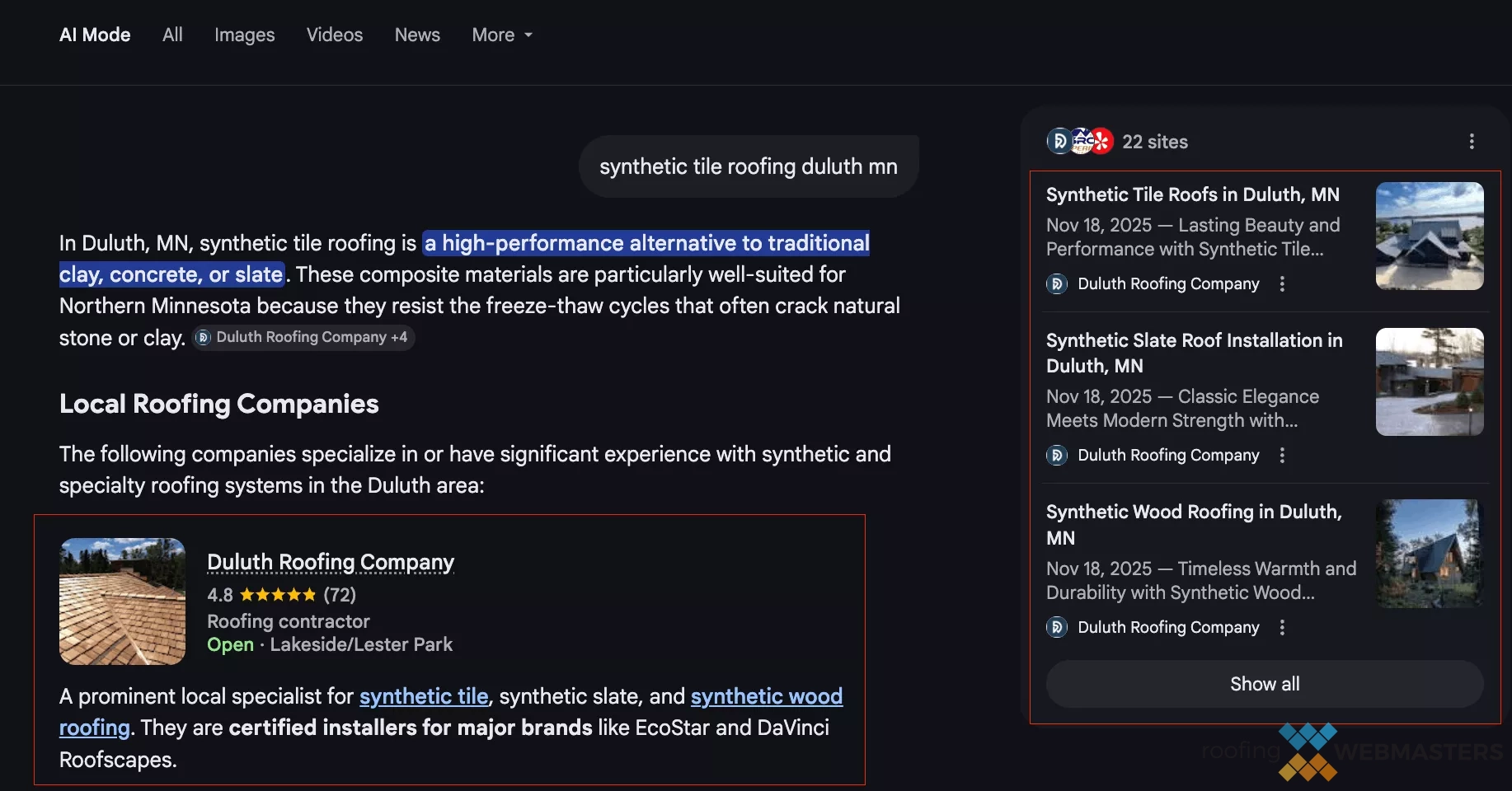 Roofing company in Google AI Mode