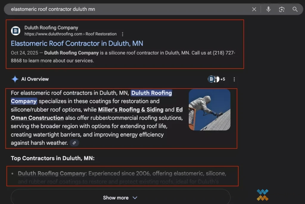 DRC AIO + Organic Overlap Local roofer ranking in AI Overviews and organic