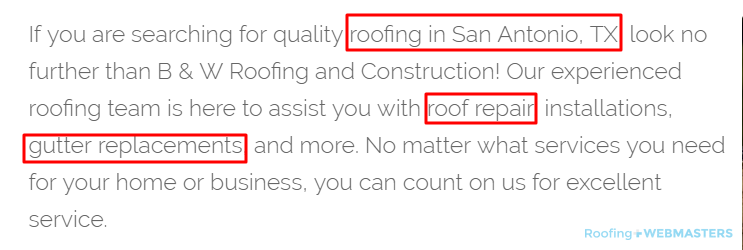 Example of Keyword Placement Within Roofing Content