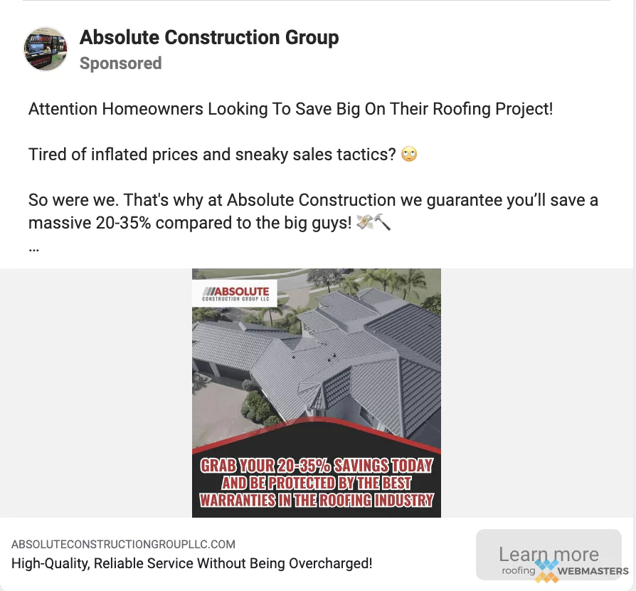 Facebook Ad Example Roofing Company