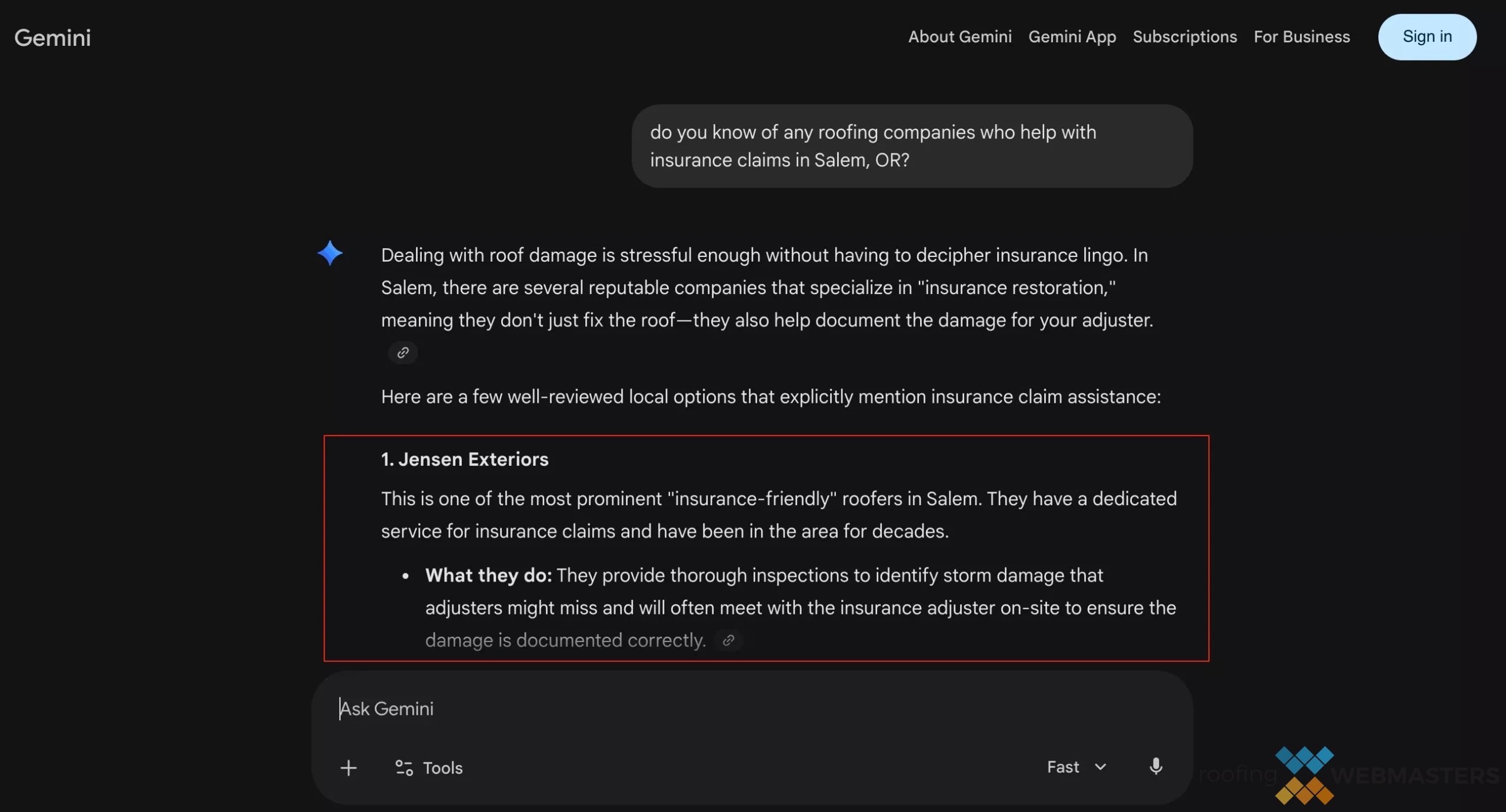 Roofing company mentioned in Gemini