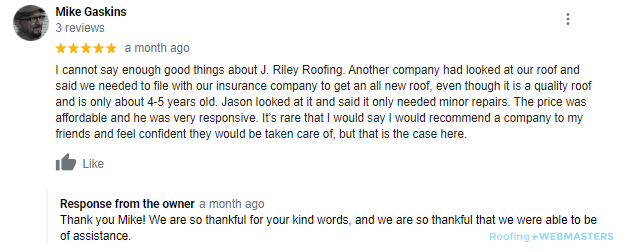 Screenshot of Favorable Roofing Company Review