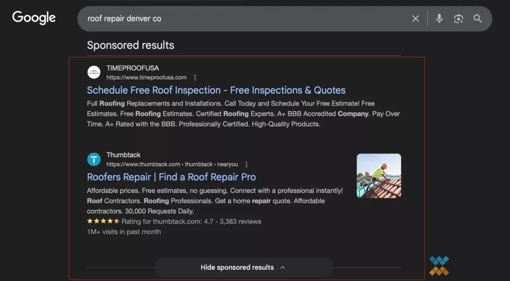 Google Ads Sponsored Results Google Ads Sponsored Results for "Roof Repair Denver CO"