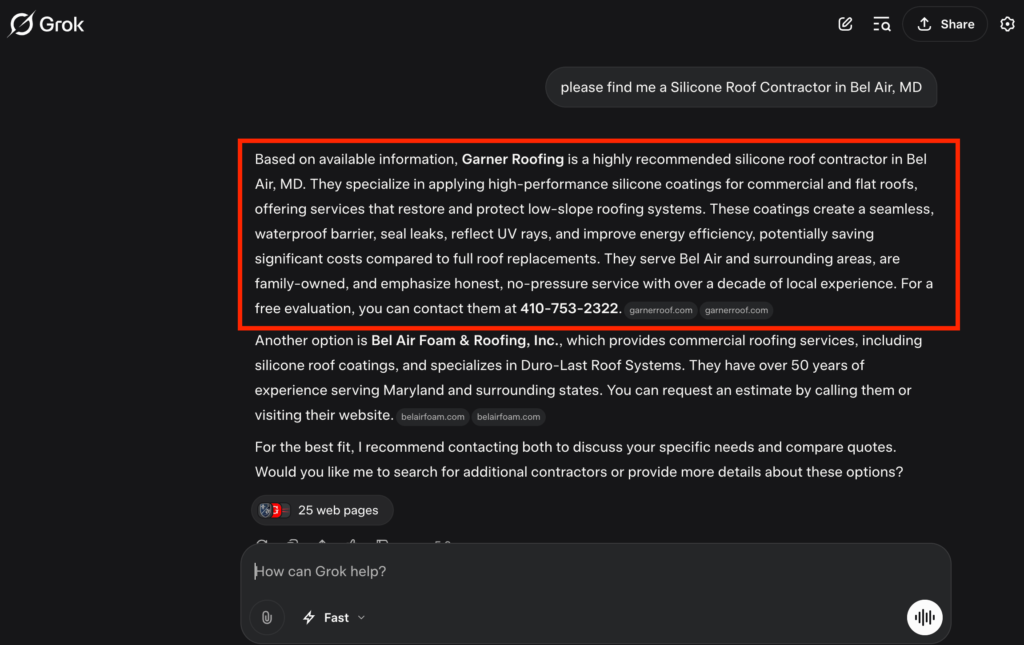 Example of local roofing company appearing in Grok AI answer