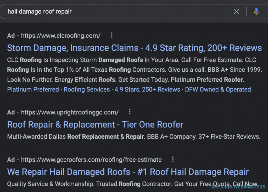 Screenshot of Google Ads for Search of "Hail Damage Roof Repair"