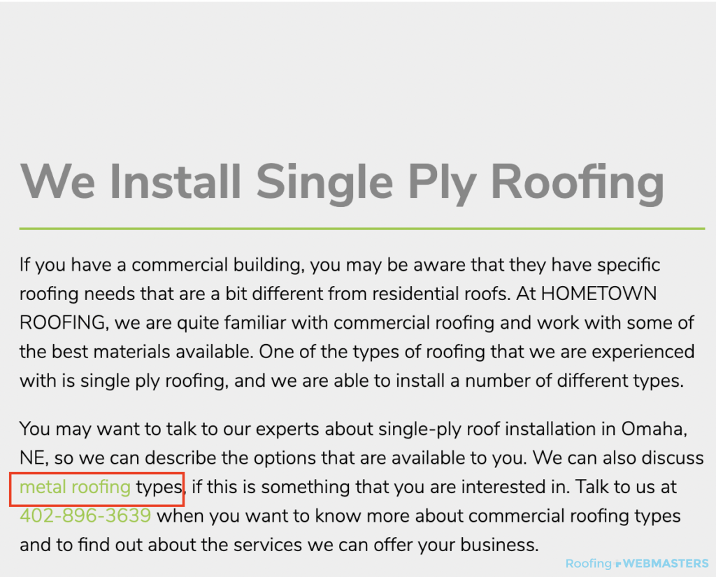 Screenshot of Internal Link on Roofing Website