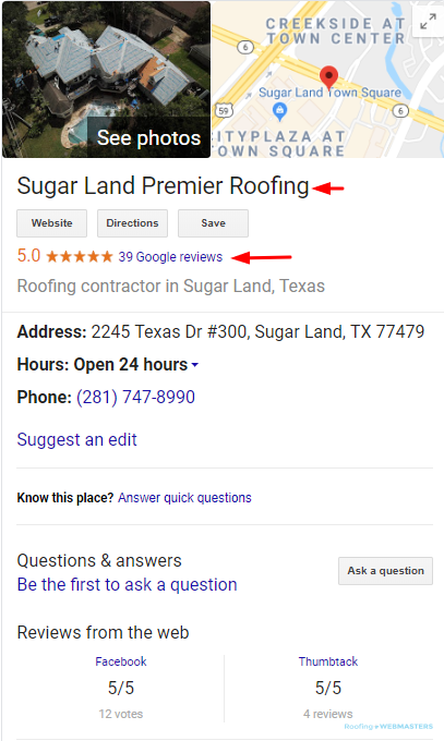 Local Roofer Google My Business Listing