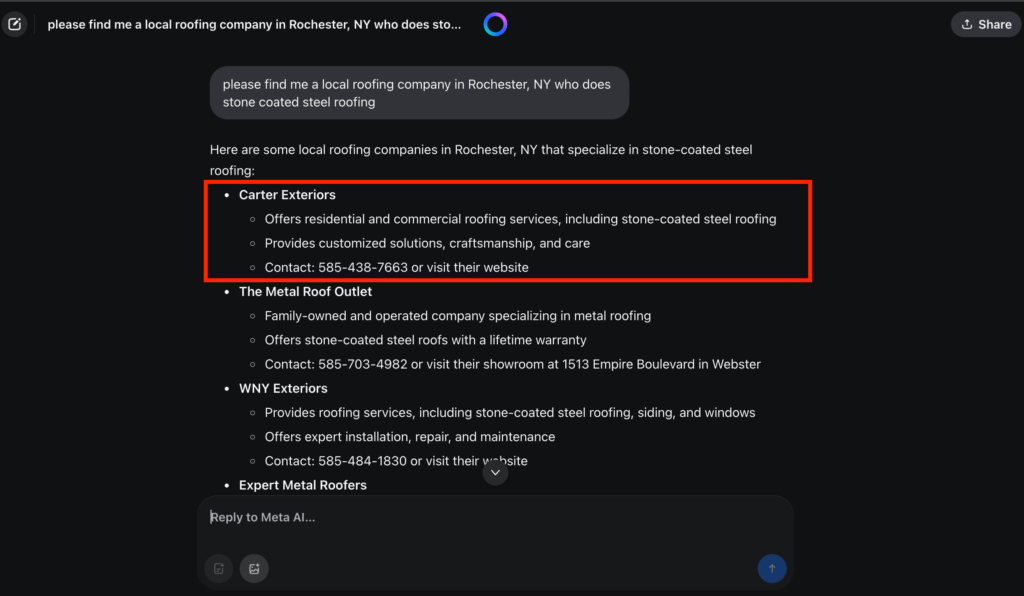 Example of local roofing company appearing in relevant answer from Meta AI