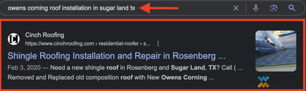 Screenshot of Owens Corning Shingle Brand Ranking on Google