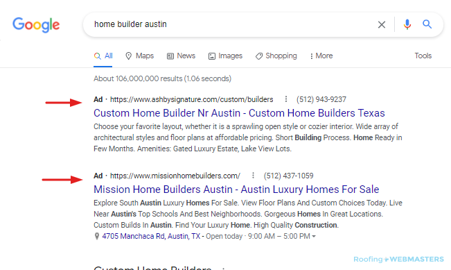 Screenshot of PPC Ads for "Home Builder Austin" on Google