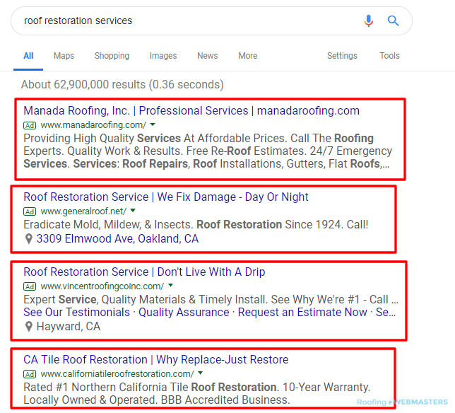 Roof Restoration Google Ads (Screenshot)