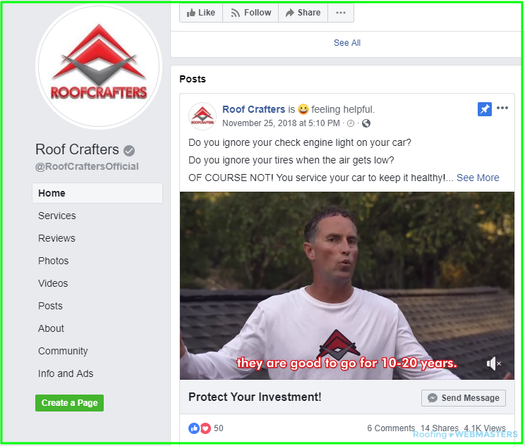 Facebook Post by Roofcrafter's