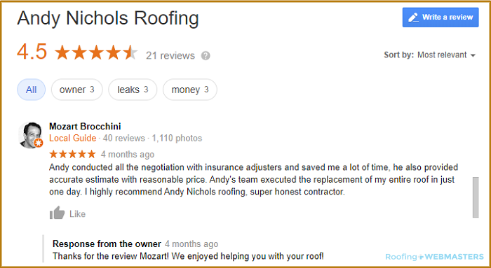 A Screenshot of a 5 Star Consumer Roofing Review