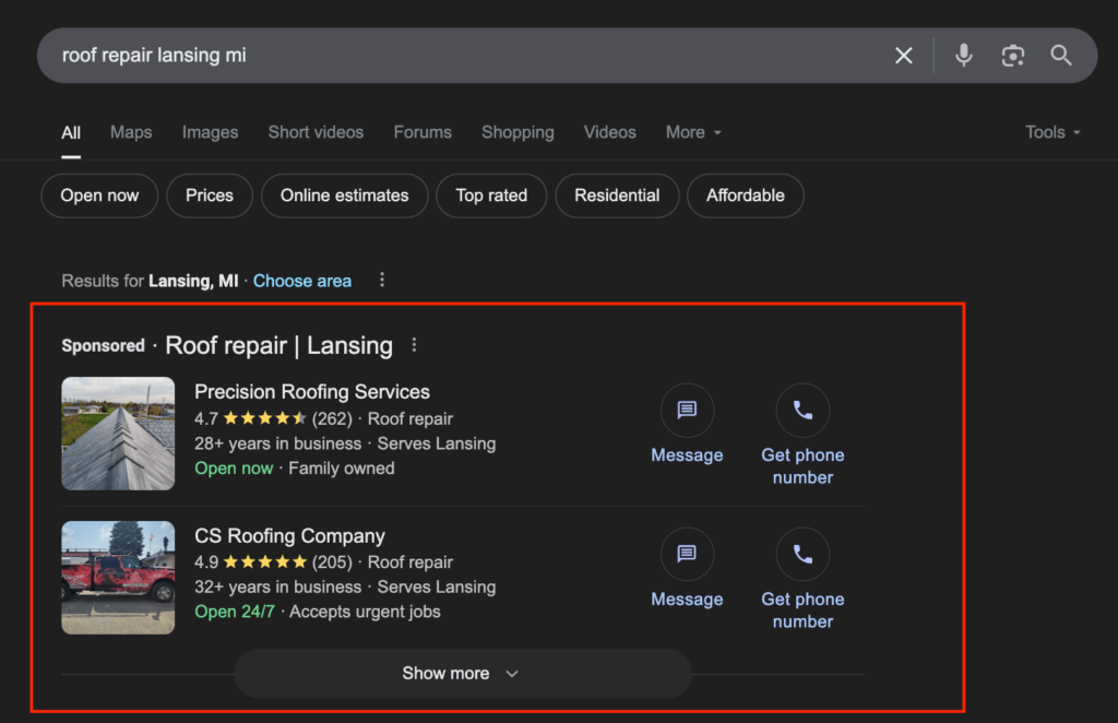 Roofing Advertising Example from Google LSA in 2025
