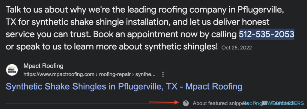 Screenshot of Featured Snippet for Roofing Client