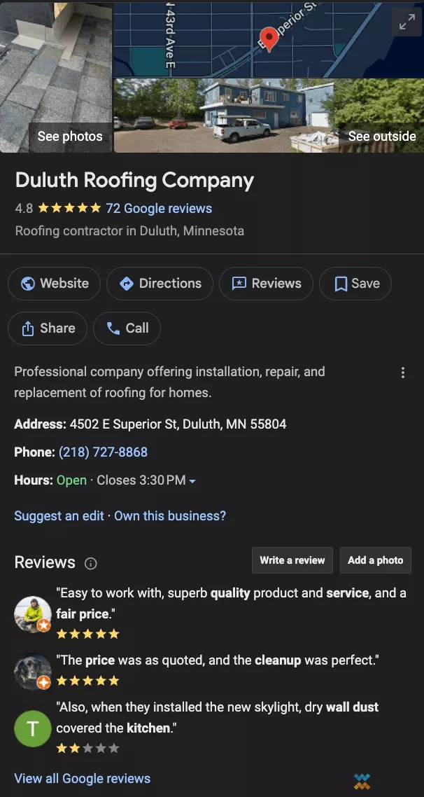 Roofing Company Google Business Profile Roofing Company Google Business Profile (Screenshot)