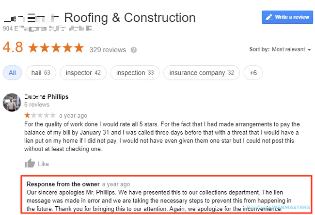 Roofing Company Poor Review Example