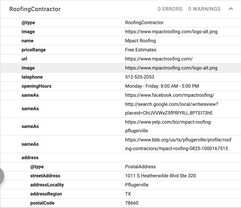 Roofing Contractor Schema Markup (Screenshot)