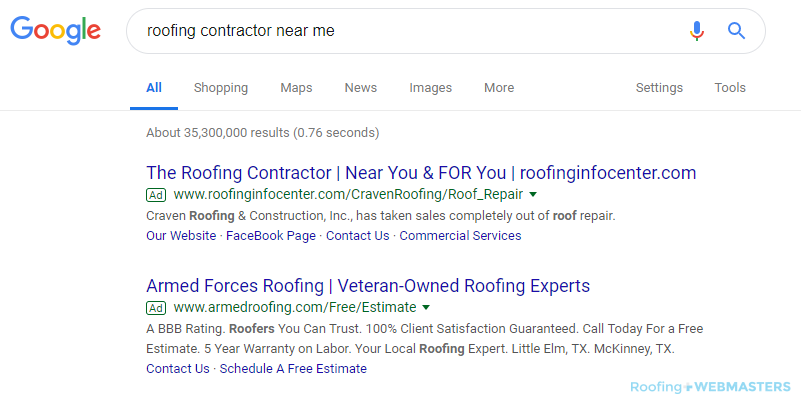 Roofing Contractors Paid Listings Ranking #1 on Google by Getting Listed in a Paid Ad