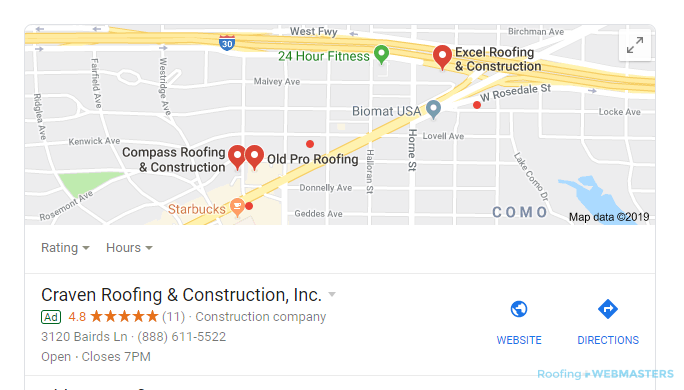 Roofing Contractors Paid Map Listing PPC Campaign in a Map Listing Format