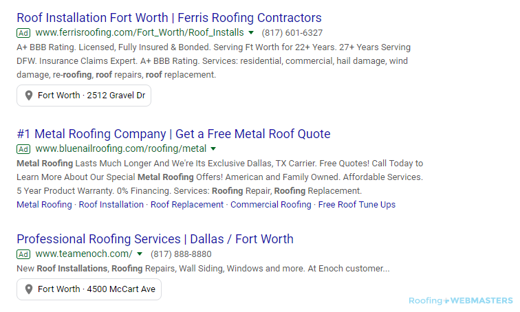Roofing Metal Installer Paid Search Google Adwords Search Results
