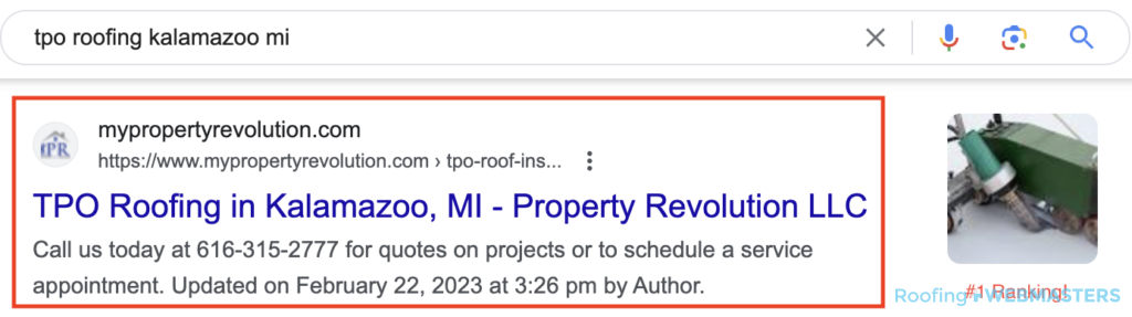 Roofing SEO Top Ranking (Screenshot)