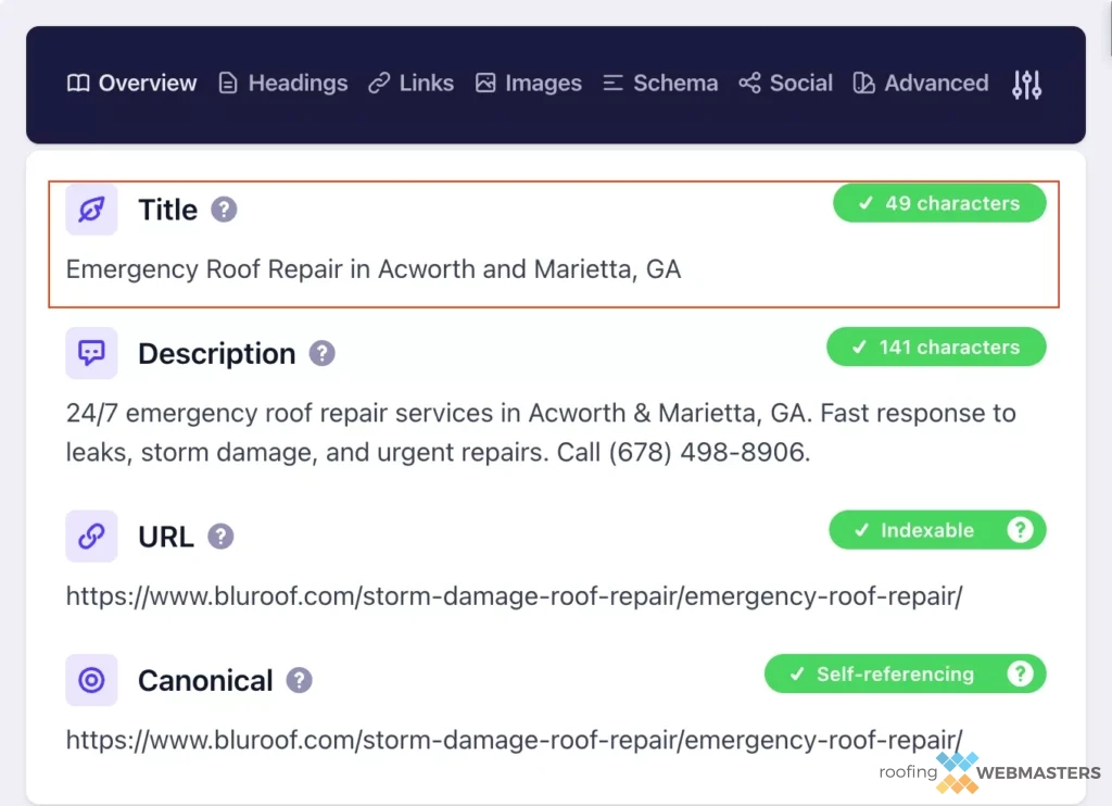 Title Tag on SERP Roofing Title Tag