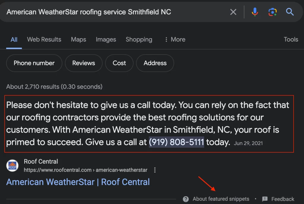 Screenshot of Roofing Client Featured Snippet