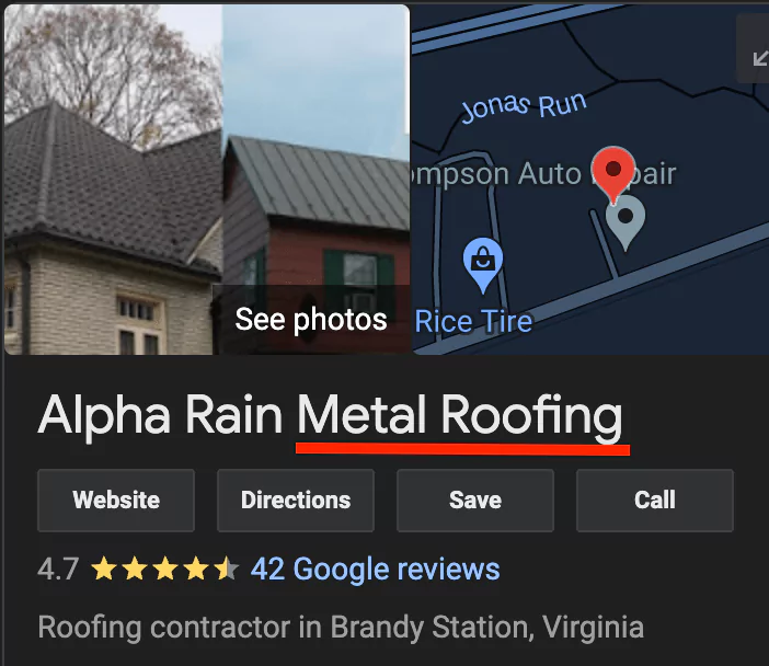 Specialized SEO Example Showing Google Business Profile for Metal Roofing Company