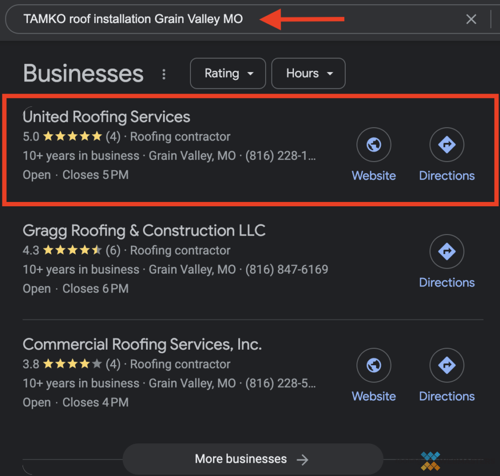 Screenshot of TAMKO Shingle Brand Ranking on Google