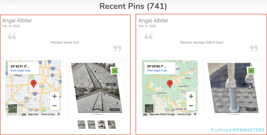 Screenshot of Pins (from DataPins) on Roofing Website